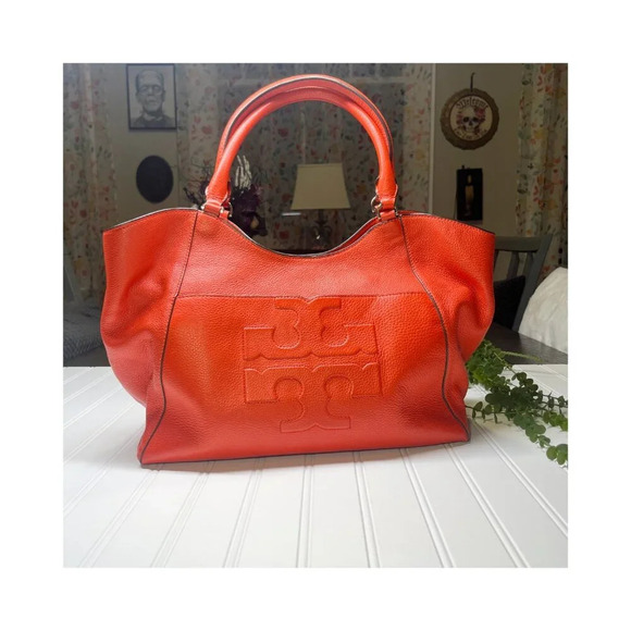 Tory Burch Red Pebble Leather Large Duel Handle Tote Bag - Picture 5 of 16